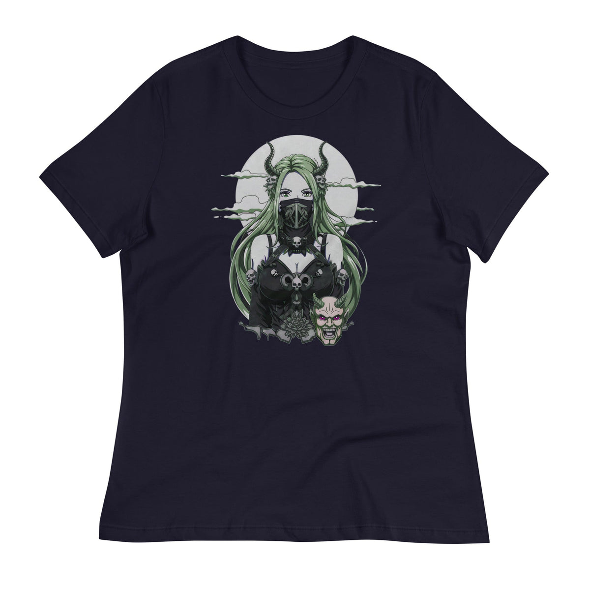 Navy / S Anime Dark Fantasy Masked Otaku Demon Girl Women's Relaxed T-Shirt