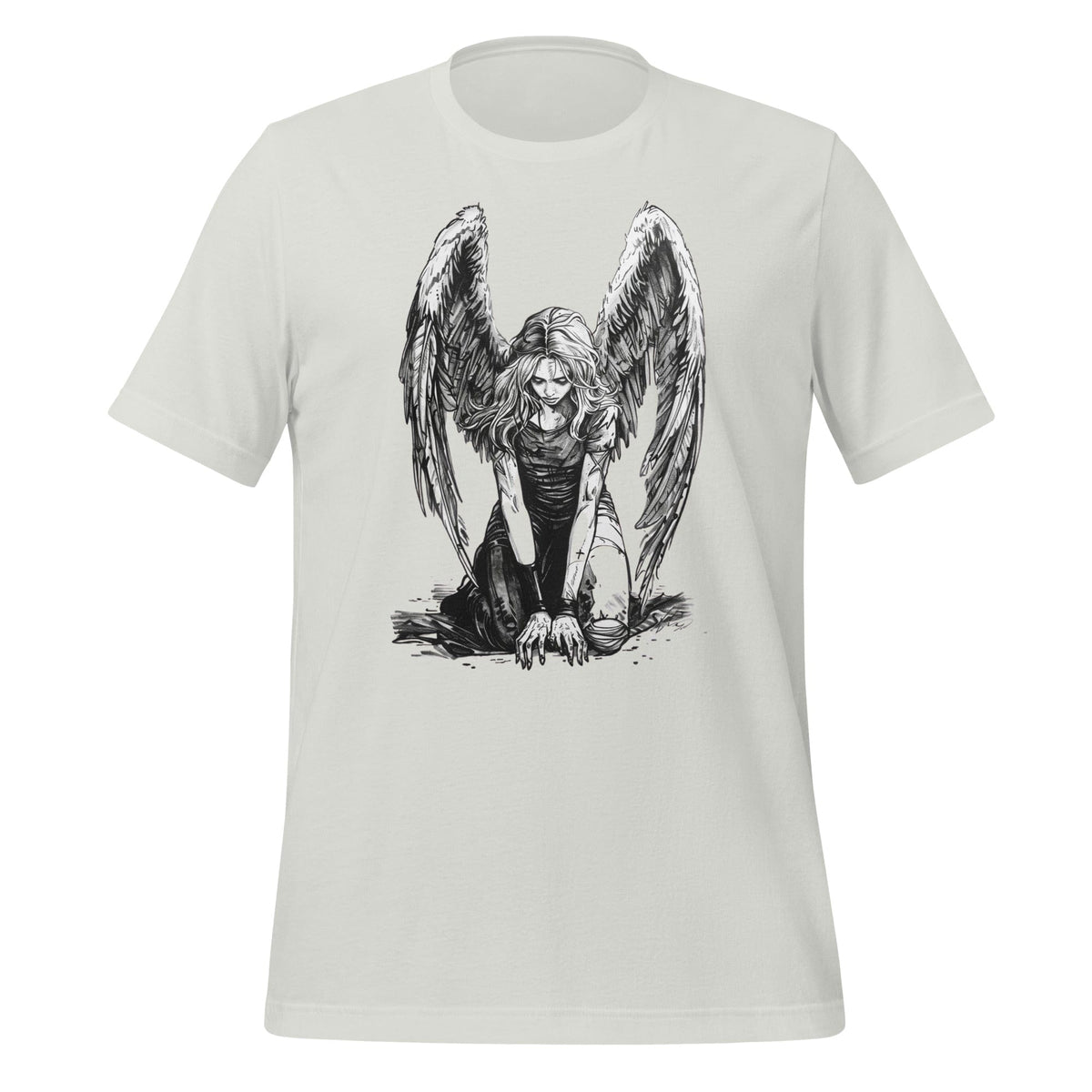 Silver / S Fallen Angel Crouching Illustrated Sketch T-shirt