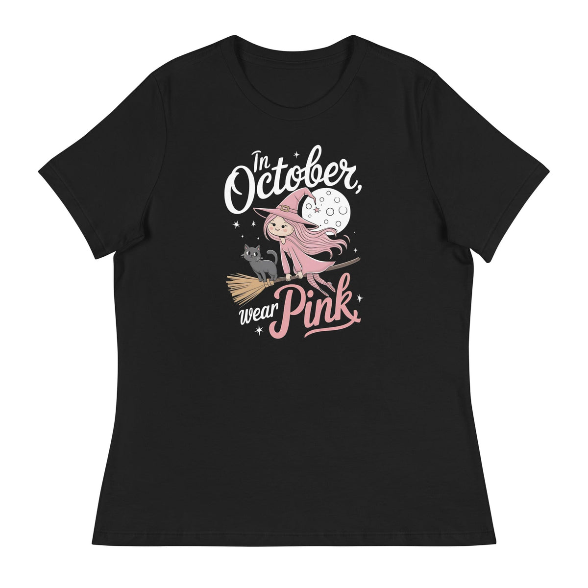 Black / S In October We Wear Pink Cute Witch Women's Relaxed T-Shirt