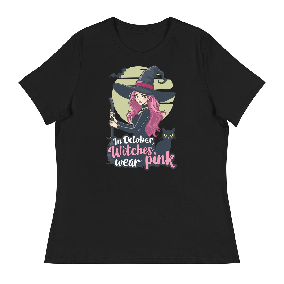 Black / S In October We Wear Pink Witch Women's Relaxed T-Shirt Breast Cancer Awareness 7205392_10187