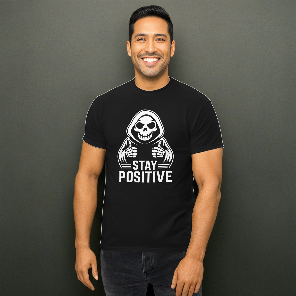 Black / S Stay Postive Grim Reaper Funny Goth Unisex T-Shirt